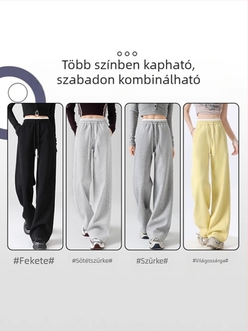 Női sárga laza sportnadrág magas derékkal, drapírozott rész, laza szabású, egyenes és széles szárú, Lulu-stílusban, tavasz–ősz