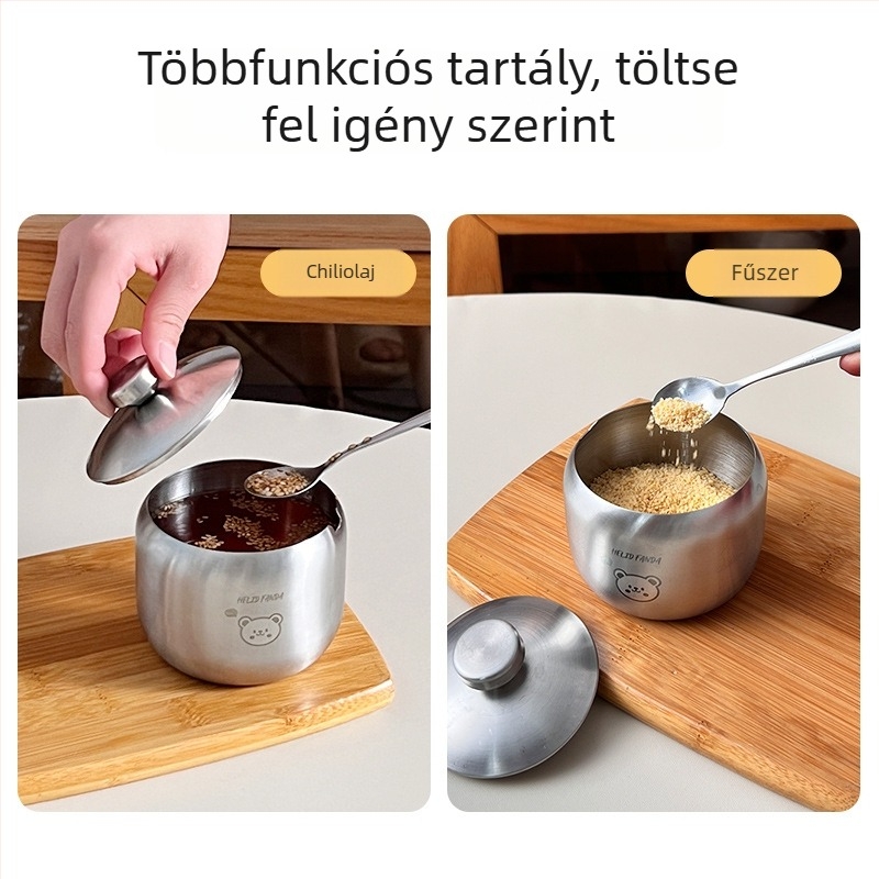 304 rozsdamentes acél ízesítő tartály kanállal sóhoz, cukorhoz és nátrium-glutamáthoz – többfunkciós ízesítő palack