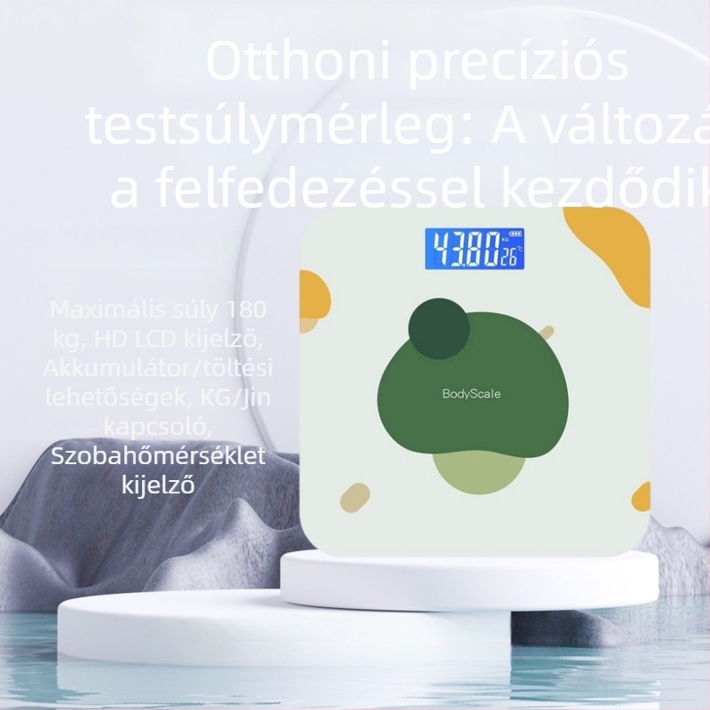 Háztartási intelligens egészségügyi elektronikus mérleg edzett üvegből, négyzet alakú, hőmérsékletmérés, akkumulátoros működés