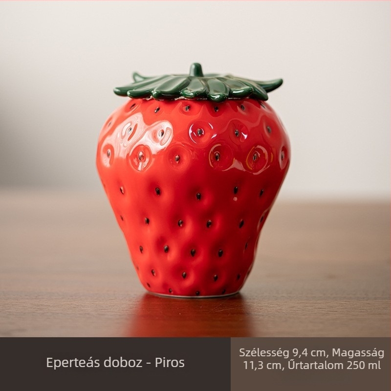 Eper motívumos kerámiás teás üveg, lezárt tároló, dekoratív darab