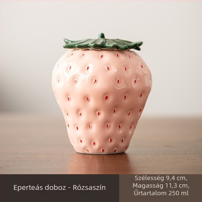 Eper motívumos kerámiás teás üveg, lezárt tároló, dekoratív darab