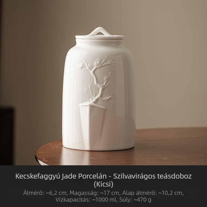 Dehua fehér porcelán teás doboz szilvavirág mintával, zárható, nedvességálló kerámia teás tároló, nagy kapacitás