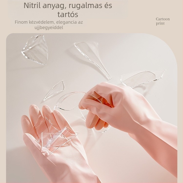 Nitril kesztyűk háztartási feladatokra, tisztításra, edények mosására és konyhai használatra; tartósak, vastagítottak, vízállóak, élelmiszer-biztonsági minőségű.