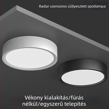 Radaros mozgásérzékelő, felületre szerelt kör alakú LED-downlight, hangvezérléssel, furatok nélkül, IR éjszakai világítás folyosóhoz