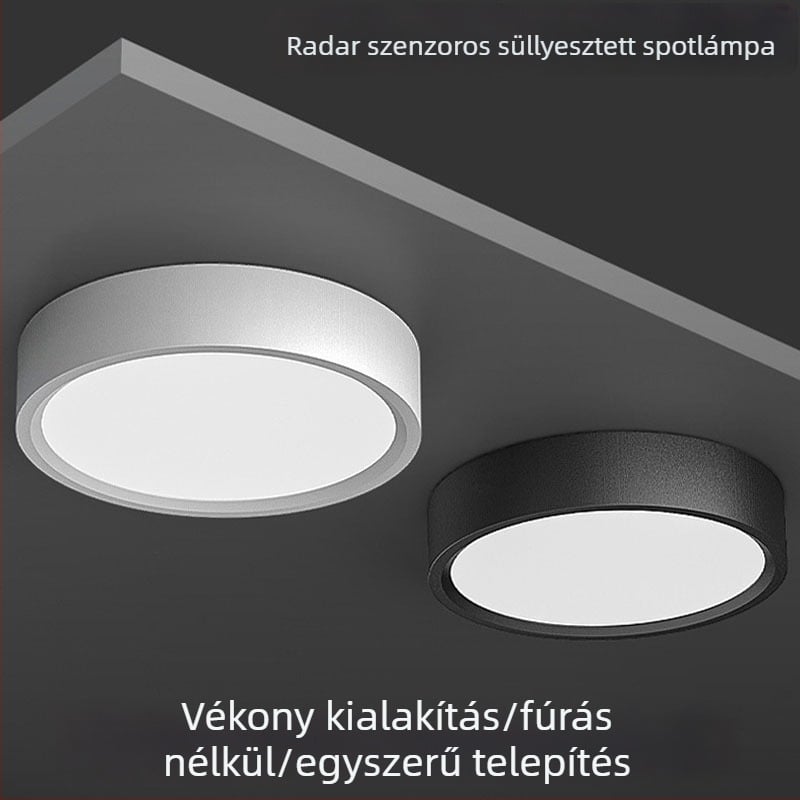 Radaros mozgásérzékelő, felületre szerelt kör alakú LED-downlight, hangvezérléssel, furatok nélkül, IR éjszakai világítás folyosóhoz