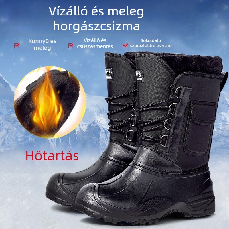 Férfiaknak szóló extra vastag téli horgászcipő, vízálló magas szárú csizma fleece belsővel és acél tüskékkel – kültéri kettős használat