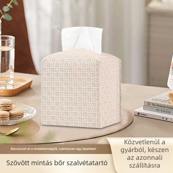 Moderne négyzetes papírzsebkendő-tartó, rattan mintával, kihúzható kivitel, nappaliba, autóba és fürdőszobába.