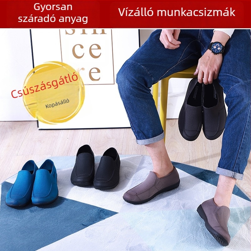Csúszásmentes férfi alacsony szárú esőcipő, tavasz–ősz, PVCfelső, műanyag talp, EVA belső talp, hálós bélés, kerek orr, lapos sarok