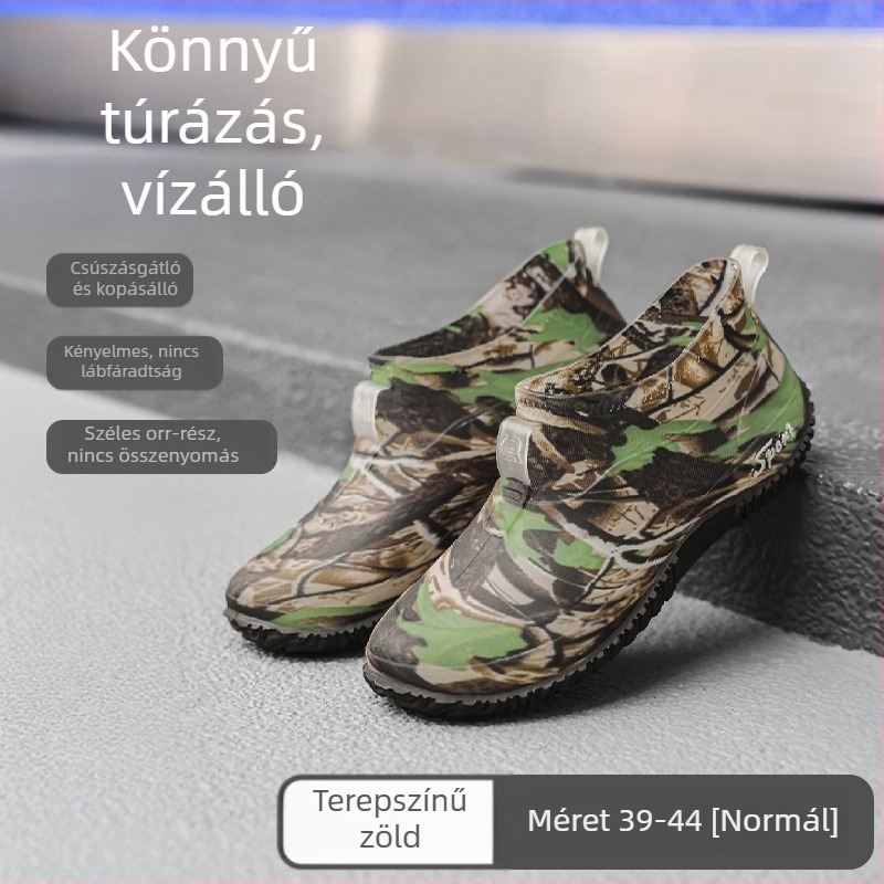 Férfiak számára készült kamufláž mintázatú esőcsizma, alacsony szárú, vízálló, csúszásmentes, rövid gumitalpú