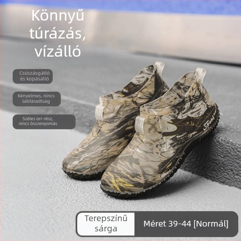 Férfiak számára készült kamufláž mintázatú esőcsizma, alacsony szárú, vízálló, csúszásmentes, rövid gumitalpú
