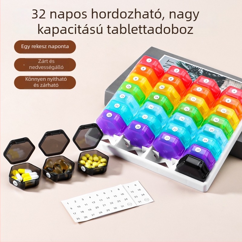 Szivárvány tablettatartó 32 rekesszel, leválasztható, utazáshoz, élelmiszer-minőségű tároló