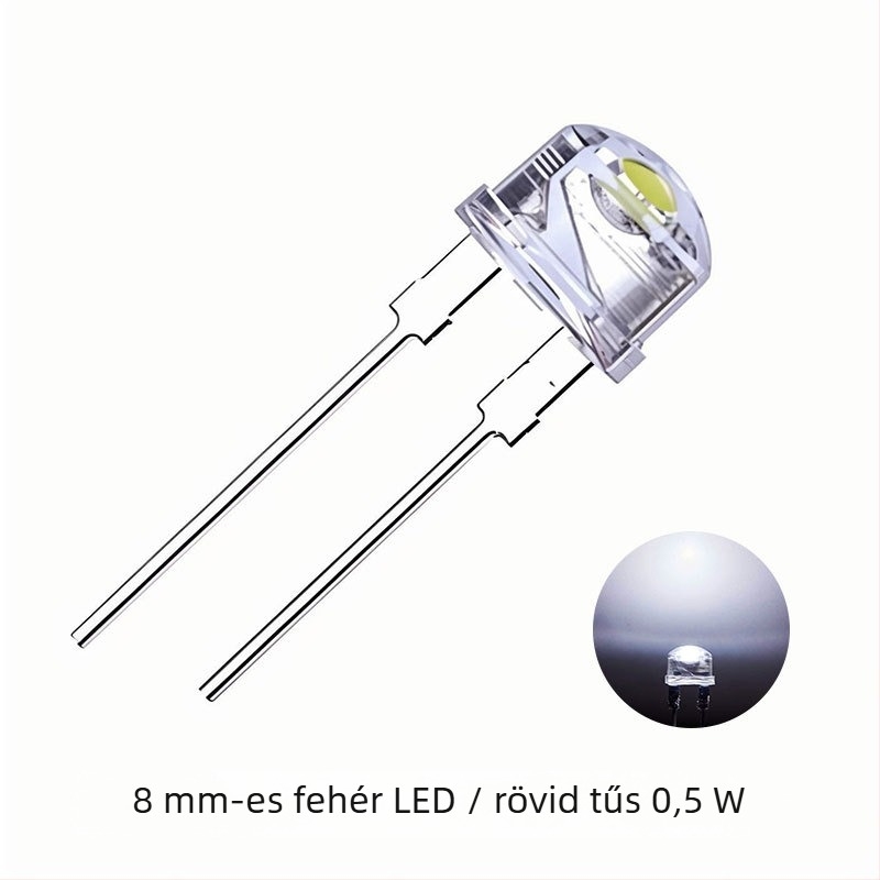 F8mm straw hat LED gyöngyök, inline 0.5W, fehér LED