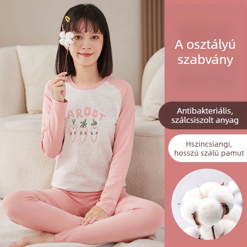 Női vékony 100% pamut őszi termális alsóruha szett – hosszú ujjú felső és nadrág