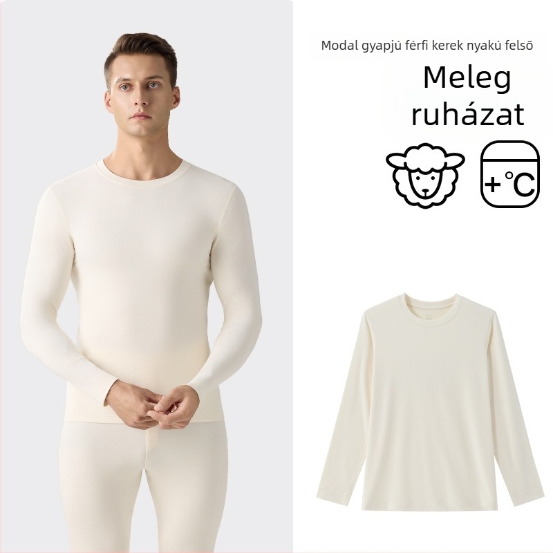 Férfiaknak szóló modal és gyapjú keverék termo felső, kerek nyakkal, rövid ujjú, vékony és meleg
