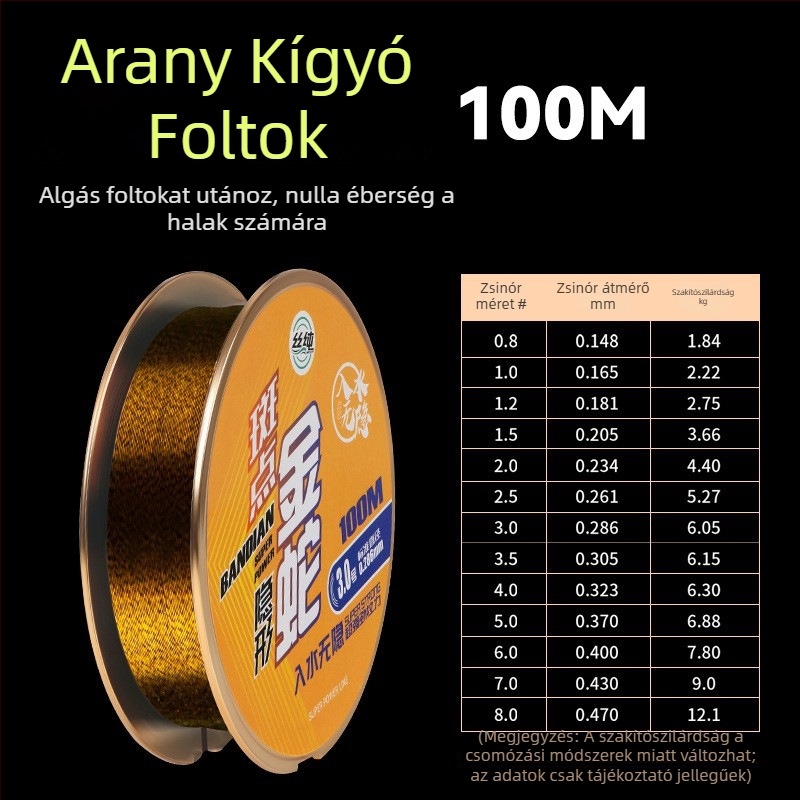 Arany pöttyös nylon horgász zsinór, fő- és vezető zsinór, 100 m