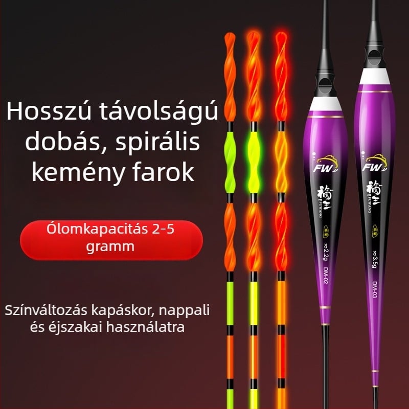 Spirálfarokkal rendelkező színváltó és világító úszó, kemény farokkal, elektronikus úszó nagy harapó és nagyobb halak számára, feltűnően vastag úszó hosszú dobásokhoz