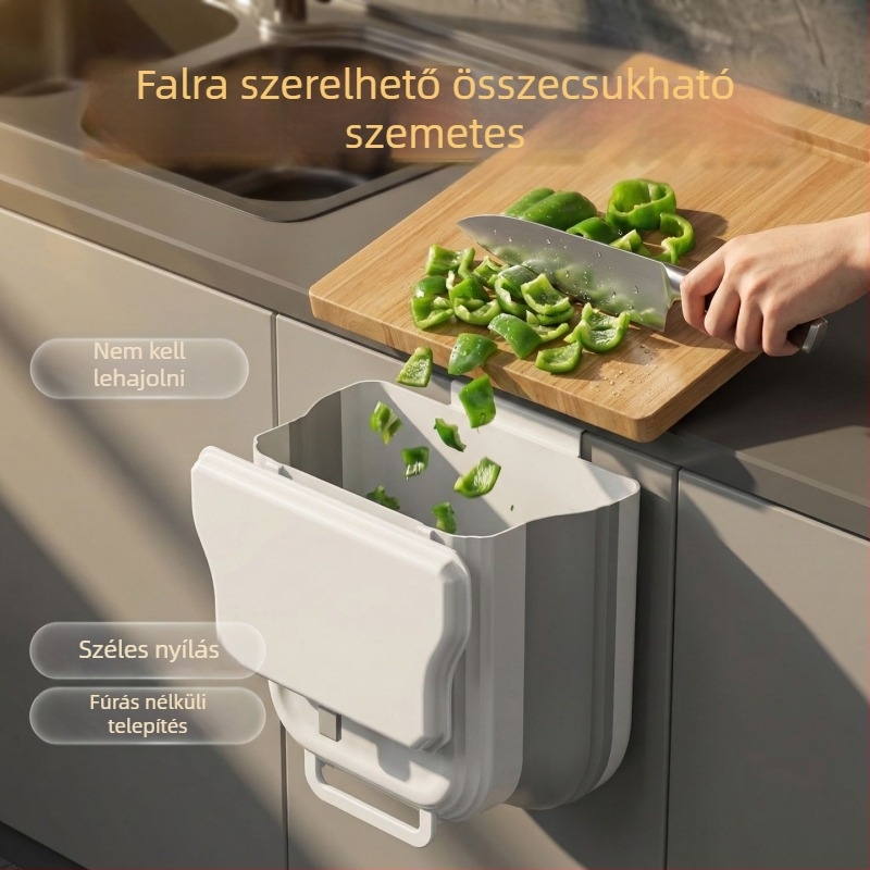 Konyhai szemetes, falra szerelhető, összecsukható, ajtóval fedett szekrénybe illeszkedő tároló, nagy kapacitású élelmiszer-hulladék tárolására