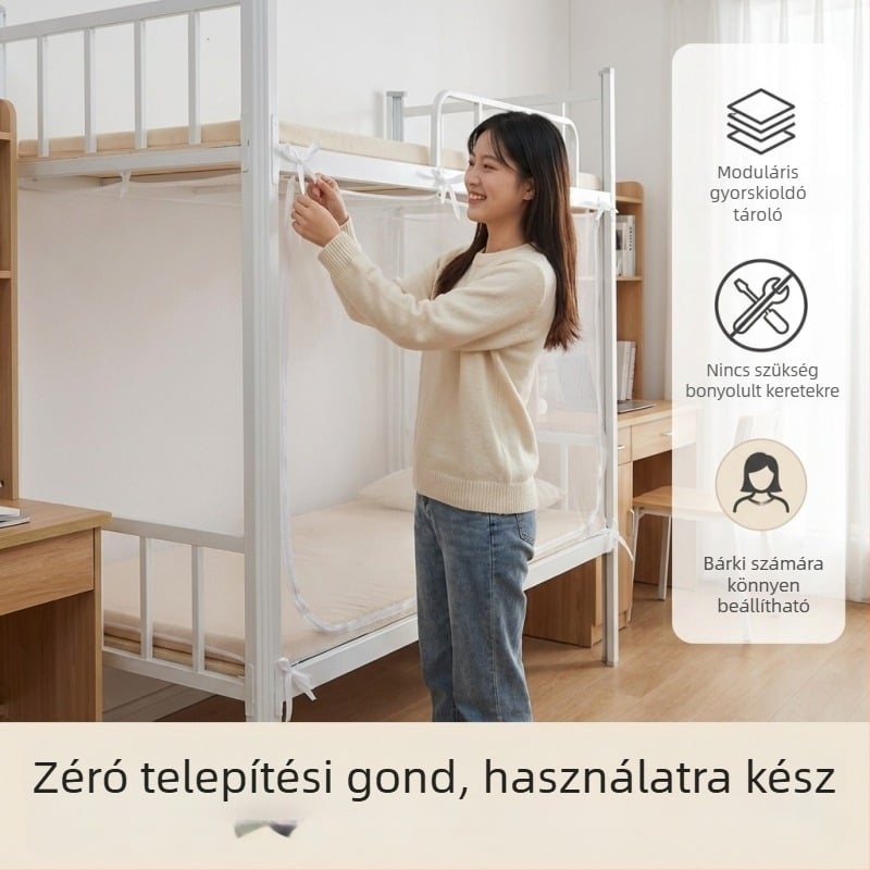 Alsóágy háló kollégiumi szobához, teljes lefedés, cipzáros ajtó, rögzítő zsinór, minimalist stílus, poliészter