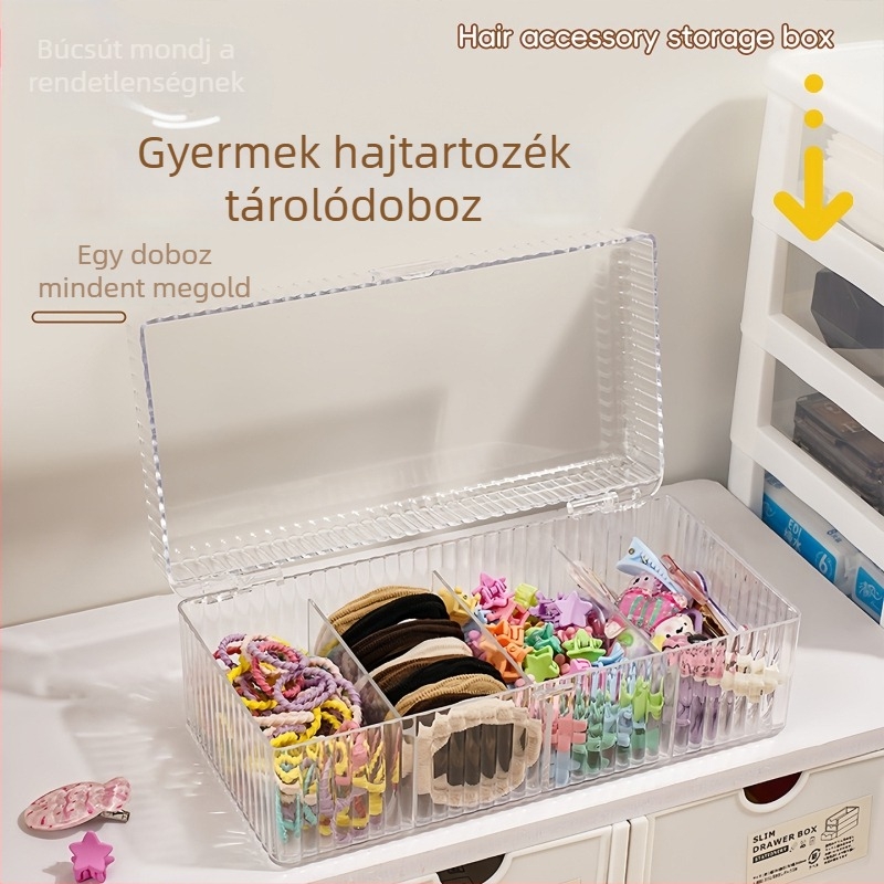 Lányoknak készült hajkiegészítő tároló doboz fedéllel, nagy kapacitású, rekeszekkel a hajcsatokhoz, hajgumikhoz és fejpántokhoz