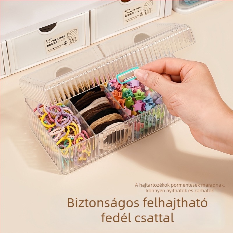 Lányoknak készült hajkiegészítő tároló doboz fedéllel, nagy kapacitású, rekeszekkel a hajcsatokhoz, hajgumikhoz és fejpántokhoz