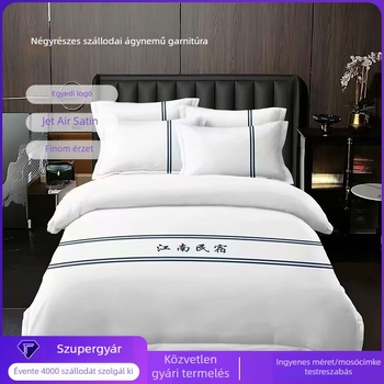 Hotelminőségű négy darabos ágyneműkészlet 100% pamutból, tartalmaz lepedőt, paplanhuzatot és két párnahuzatot, fehér szatén