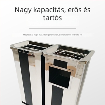 Függőleges rozsdamentes acél hamutartó és kuka, fekete-fehér csíkos dizájnnal, liftelőcsarnokba kereskedelmi és irodai épületekben