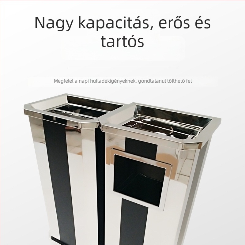 Függőleges rozsdamentes acél hamutartó és kuka, fekete-fehér csíkos dizájnnal, liftelőcsarnokba kereskedelmi és irodai épületekben