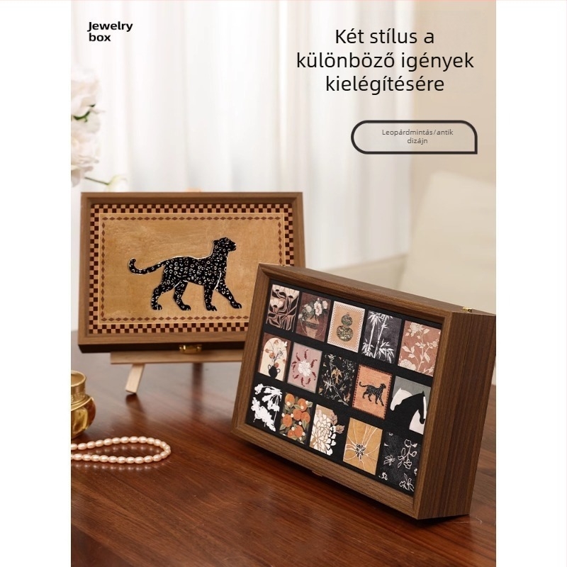 Fából készült ékszerdoboz gyűrűknek, karkötőknek és fülbevalóknak; elegáns tároló por- és oxidáció elleni védelemmel.