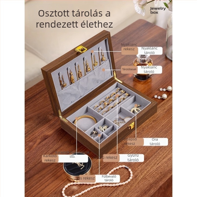Fából készült ékszerdoboz gyűrűknek, karkötőknek és fülbevalóknak; elegáns tároló por- és oxidáció elleni védelemmel.
