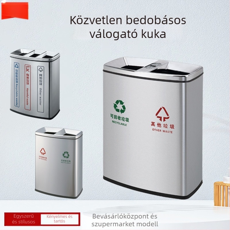 Testreszabható rozsdamentes acél szemetes nagy nyílású kivitel, szállodák, bevásárlóközpontok, repülőterek és metróállomások számára; belső műanyag bélés ujjlenyomat-mentes