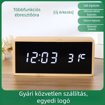 Bambuszból készült téglalap alakú, hangvezérléses asztali ébresztőóra hőmérővel, éjszakai fénnyel, naptárral és 24 órás kijelzéssel – modern, egyszerű nappali dekor