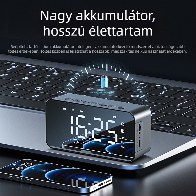 Bluetoothos elektronikus asztali óra hálószobába, ébresztővel, töltéssel, éjszakai fény, multifunkcionális, hangos bejelentéssel
