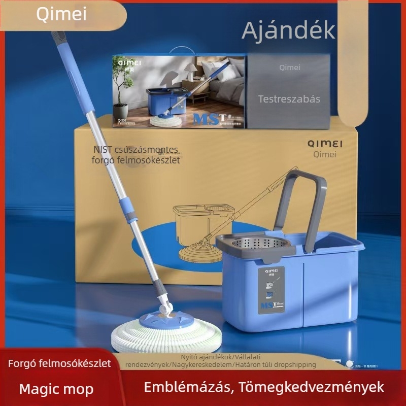 Otthoni használatra szánt forgó felmosó és vödör készlet — száraz és nedves tisztítás, teleszkópos nyél, kéz nélküli kinyomás a vödörrel, mikroszálas fej