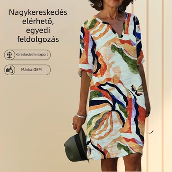 2026 női V-nyakú ruha, virágos eper mintával, A-vonalú, rövid ujjú, poliészter, könnyed elegáns tavasz-nyár
