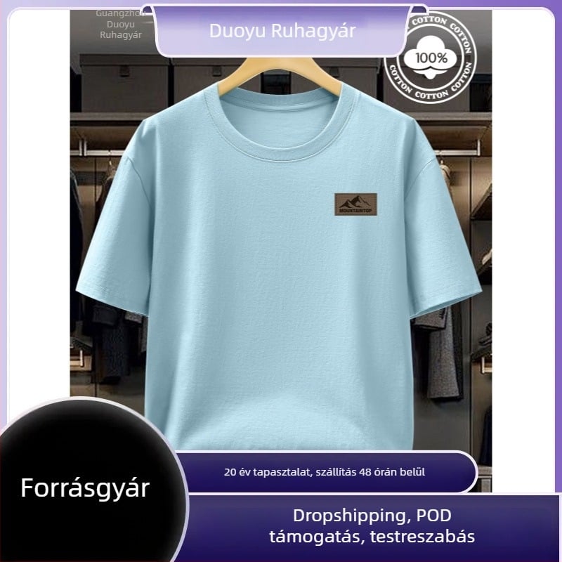 Férfi puha pamut rövid ujjú póló, fekete, kerek nyak, gépi mosás, 180 g pamut