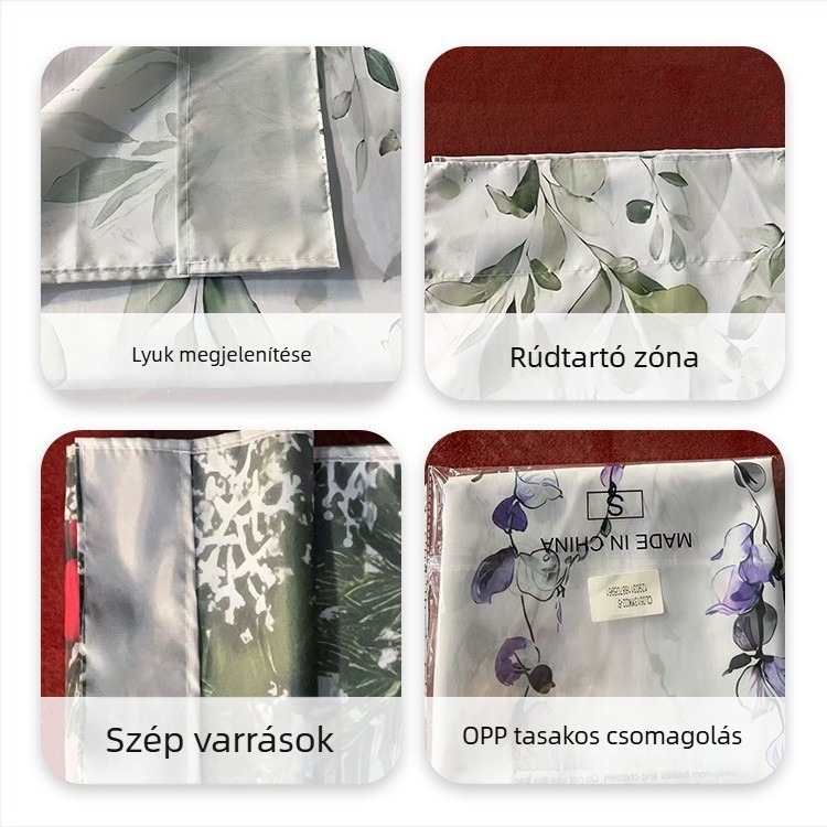 Retro függönyök sötét alapon zöld növény- és virágmintával, minimalist design konyhához és étkezőhöz, porálló dekoráció