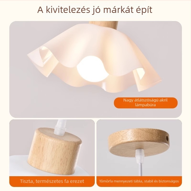 Krém színű, faanyagból készült csillár, modern minimalista stílus, petal alakú forma, egyfejű