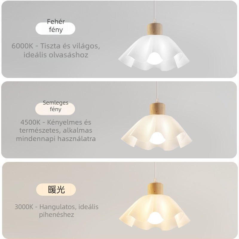 Krém színű, faanyagból készült csillár, modern minimalista stílus, petal alakú forma, egyfejű
