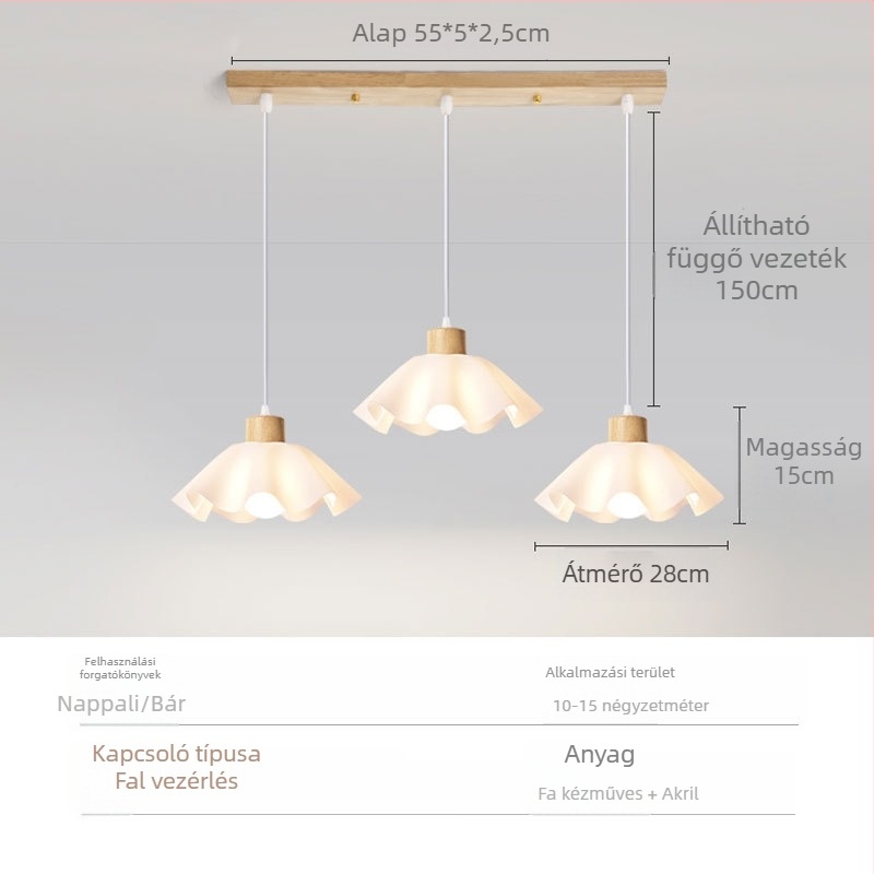 Krém színű, faanyagból készült csillár, modern minimalista stílus, petal alakú forma, egyfejű