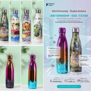 304 rozsdamentes acélból készült szigetelt kulacs, 500 ml, sportos víztartó gravírozható logóval