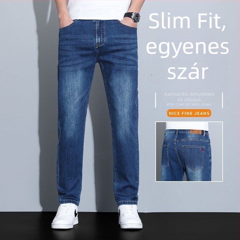 Férfiak számára lazán szabott, egyenes szárú farmer, optikai hosszabbító hatás, tavasz–ősz