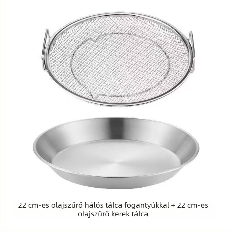 Rozsdamentes acél olajszűrő tálca légsütőhöz, dupla fogantyúval, konyhai használatra