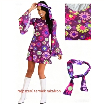 Poliészterből készült ruha a 70-es évek hippie-disco stílusában, polo gallér, 3/4-es ujjú, midi hosszú, művészi vintage stílus