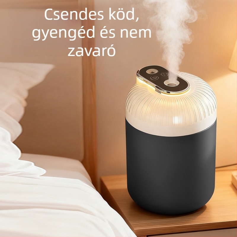 USB-s hordozható párásító otthonra és az autóba, csendes működés, lágy fény, kerek formájú ABS műanyag, 1 ködkimenet, kompakt