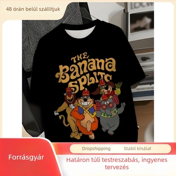 Pluszméretű férfi hiphop állatmintás rövid ujjú póló kerek nyakkal, Banana Split mintával, fekete