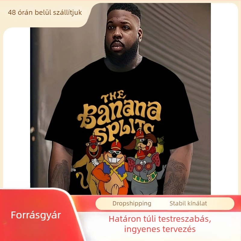 Pluszméretű férfi hiphop állatmintás rövid ujjú póló kerek nyakkal, Banana Split mintával, fekete