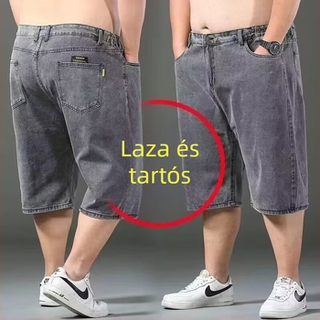 Nyári férfi denim rövidnadrág, plusz méret, laza szabás, világoskék, széles szárú