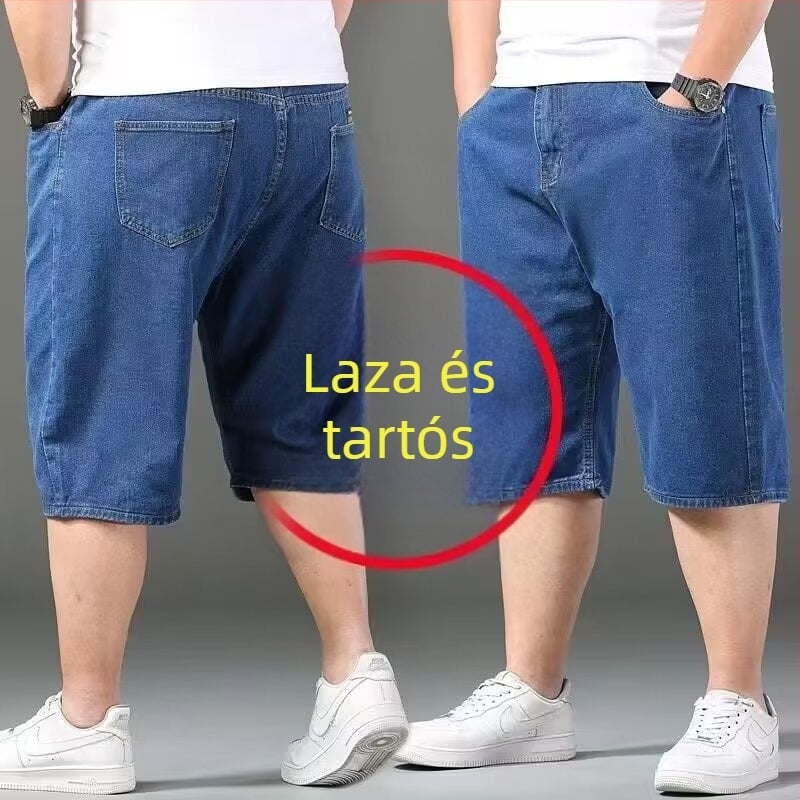 Nyári férfi denim rövidnadrág, plusz méret, laza szabás, világoskék, széles szárú