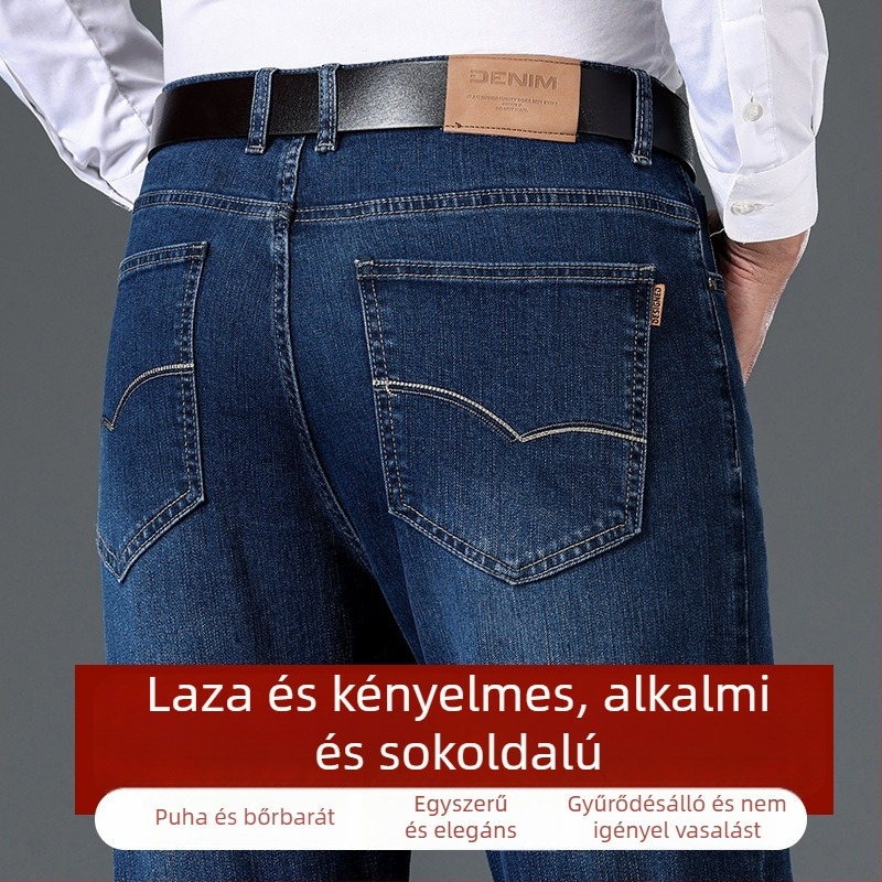 Férfi farmernadrág füstös szürke színben, őszi-téli, egyenes szabás, elasztikus magas derekú, laza fazonú, hosszú