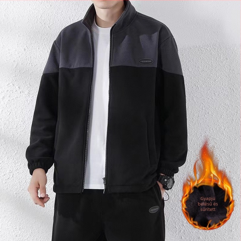 Férfi polár fleece sportkabát állógallérral, cipzárral, téli viselet, plusz méret, egyszerű színblokkokkal